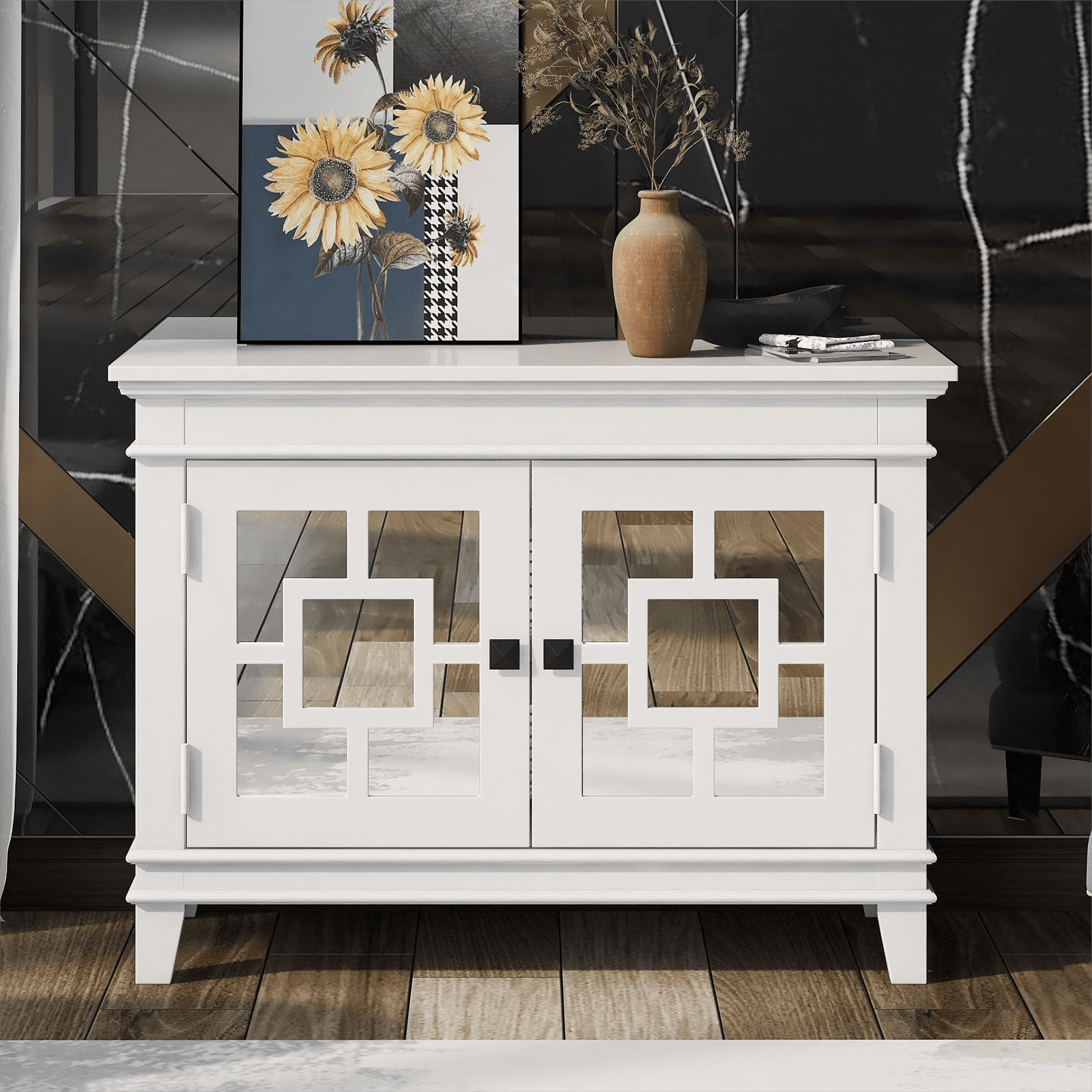 Accent Storage Wooden W/ Decorative Mirror Door,Modern