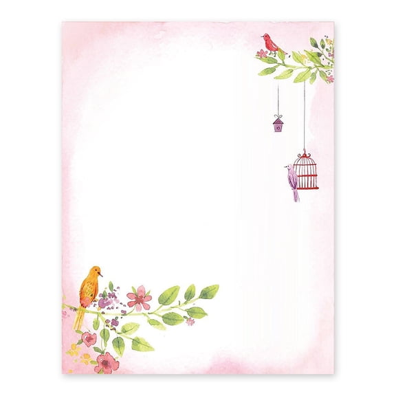 Floral Letter Notes - 8.5 x 11 Inches Stationery Writing Paper - Perfect Invitations for Bridal Shower, Birthday, Wedding, Engagement Party, DIY and All Occasion - 100 Bulk Set - Adorable Birds Design
