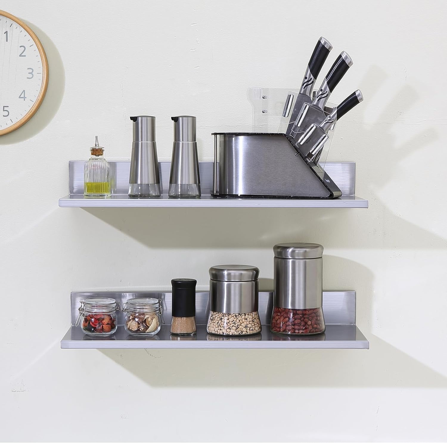 Stainless Steel Wall Shelf with Backsplash, 8.6" x 16", 2-Pack, 44 lbs Capacity for Kitchen, Bar, and Home