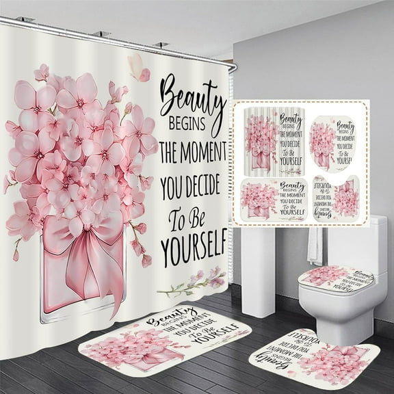 4 Pcs Pink Fashion Shower Curtain Sets with Rugs Flower Bathroom Decor Set with Shower Curtain and Rugs and Accessories Modern Perfume Bottle Floral Bathroom Curtain with 12 Hooks