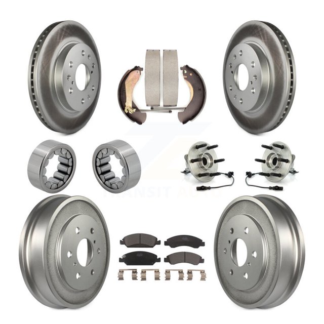 Transit Auto Front Rear Hub Bearing Coated Disc Brake Rotor & Pads Shoe Kit (10Pc) for Car 2007 Chevrolet Silverado 1500 GMC Sierra with 8-1/2" or 8-5/8" Ring Gear 4WD with Drum rear brakes KBB-112491