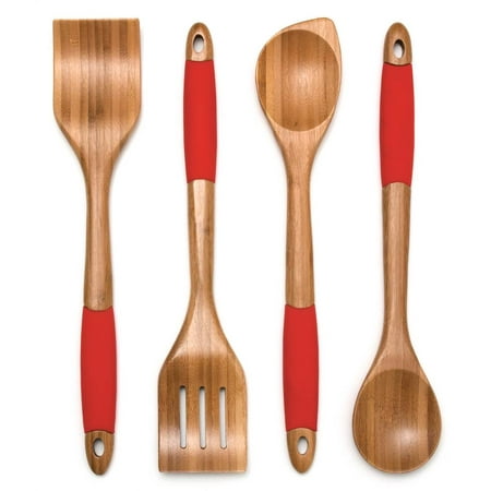 Lipper Set of 4 Bamboo and Red Silicone Cooking Utensils