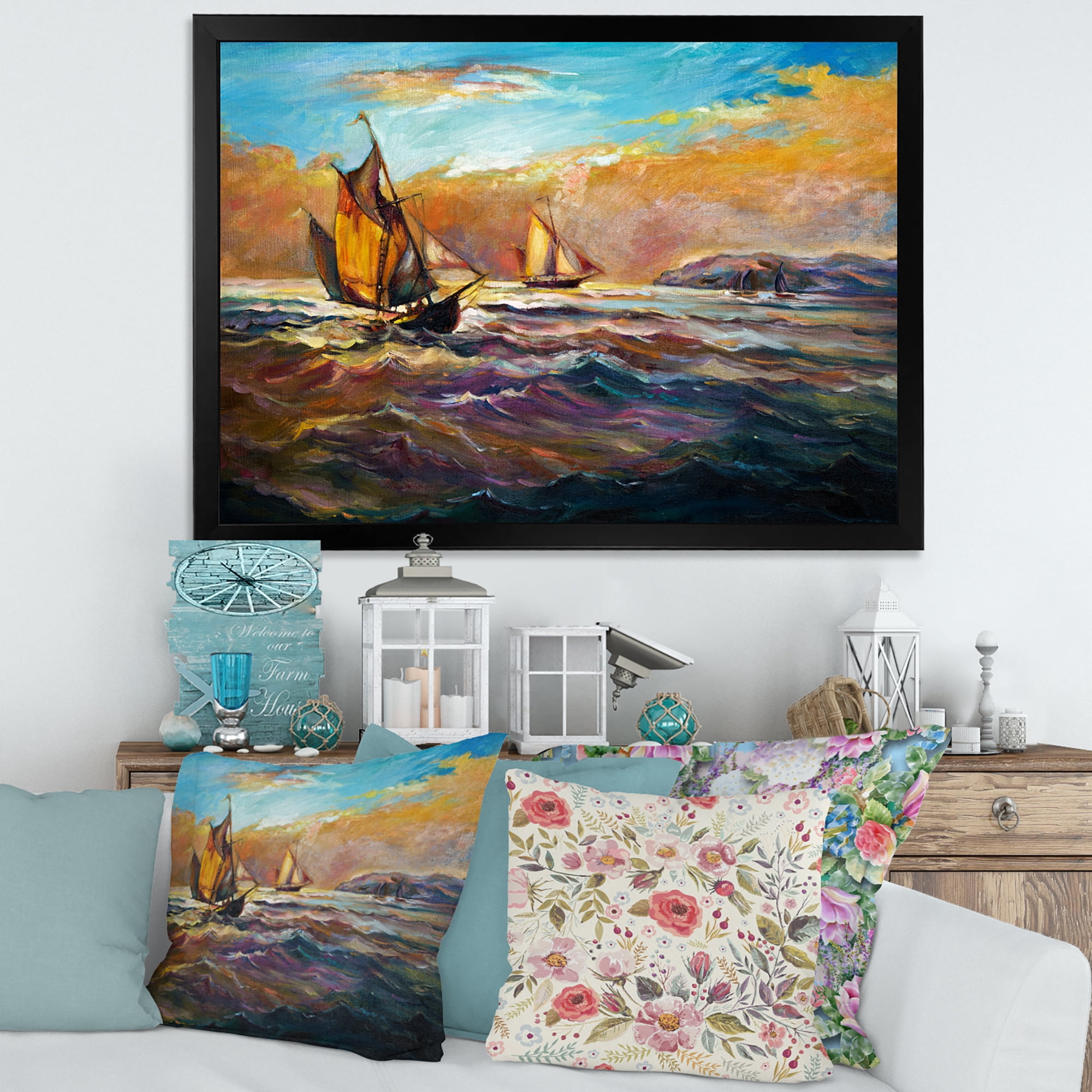Boats During Evening Sunset In The Ocean II 20 in x 12 in Framed Painting Canvas Art Print, by Designart