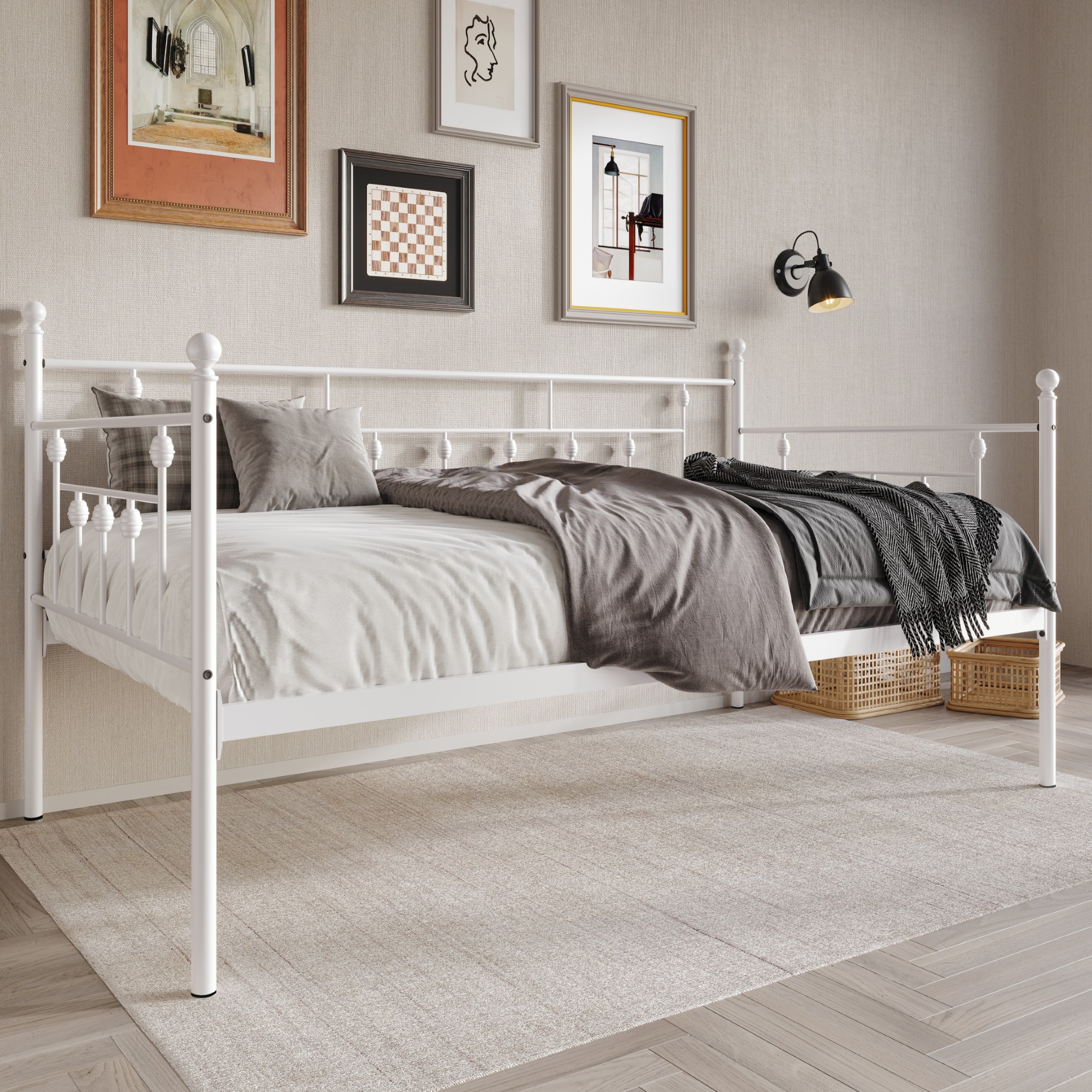 Home Design Aine Twin Metal Daybed with Victorian-Style Frame, Rounded Finials, Durable Slats, Stylish and Functional for Bedroom or Guest Room, White