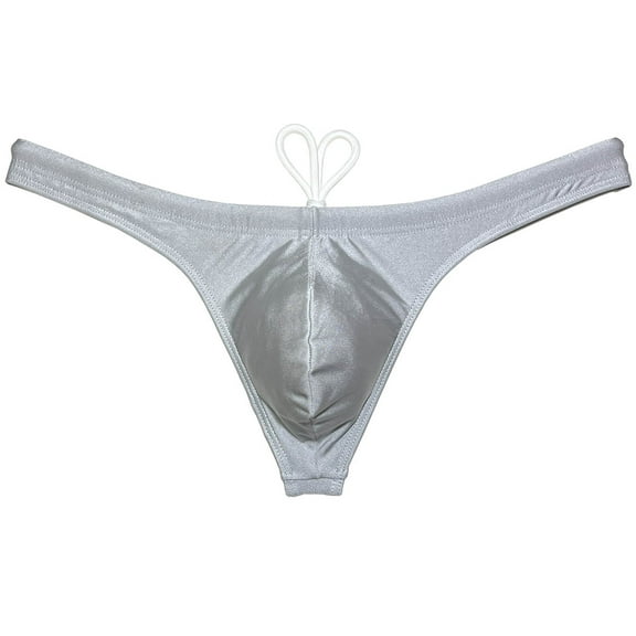 Botmois Men's Solid Swim Briefs Breathable Bikini Bottoms Thong Drawstring Swimwear Shiny Swimming Spandex Tangas Bathing G-String Light Gray L