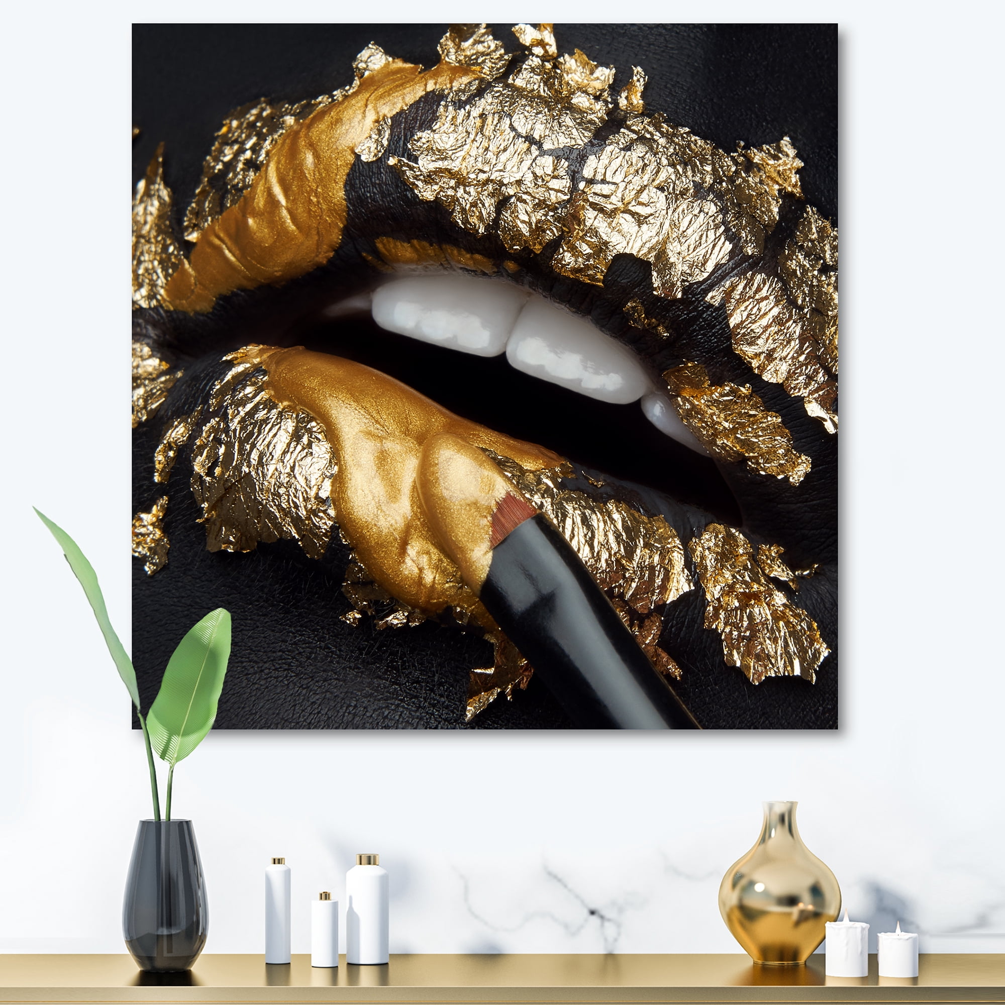 Designart ' Female Lips With Black Leather and Gold Foil ' Modern Canvas Wall Art Print