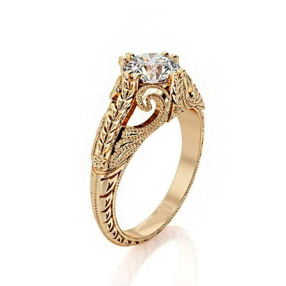 HeartsAndYou 1ct Round Cut Moissanite Engagement Ring for Women 18k Rose Gold Over Silver Leaf Vintage Inspired Milgrain