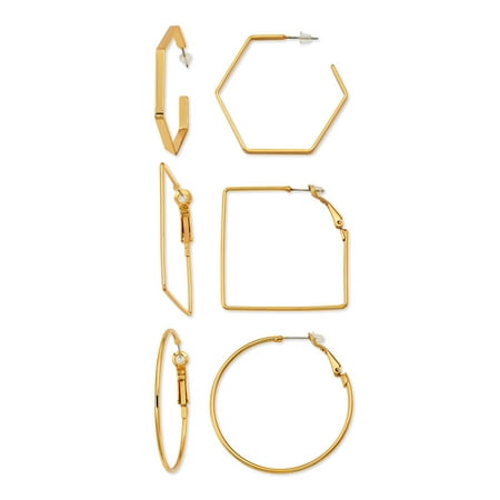 Scoop Womens Brass Yellow Gold-Plated Fashion Hoop Earrings Set