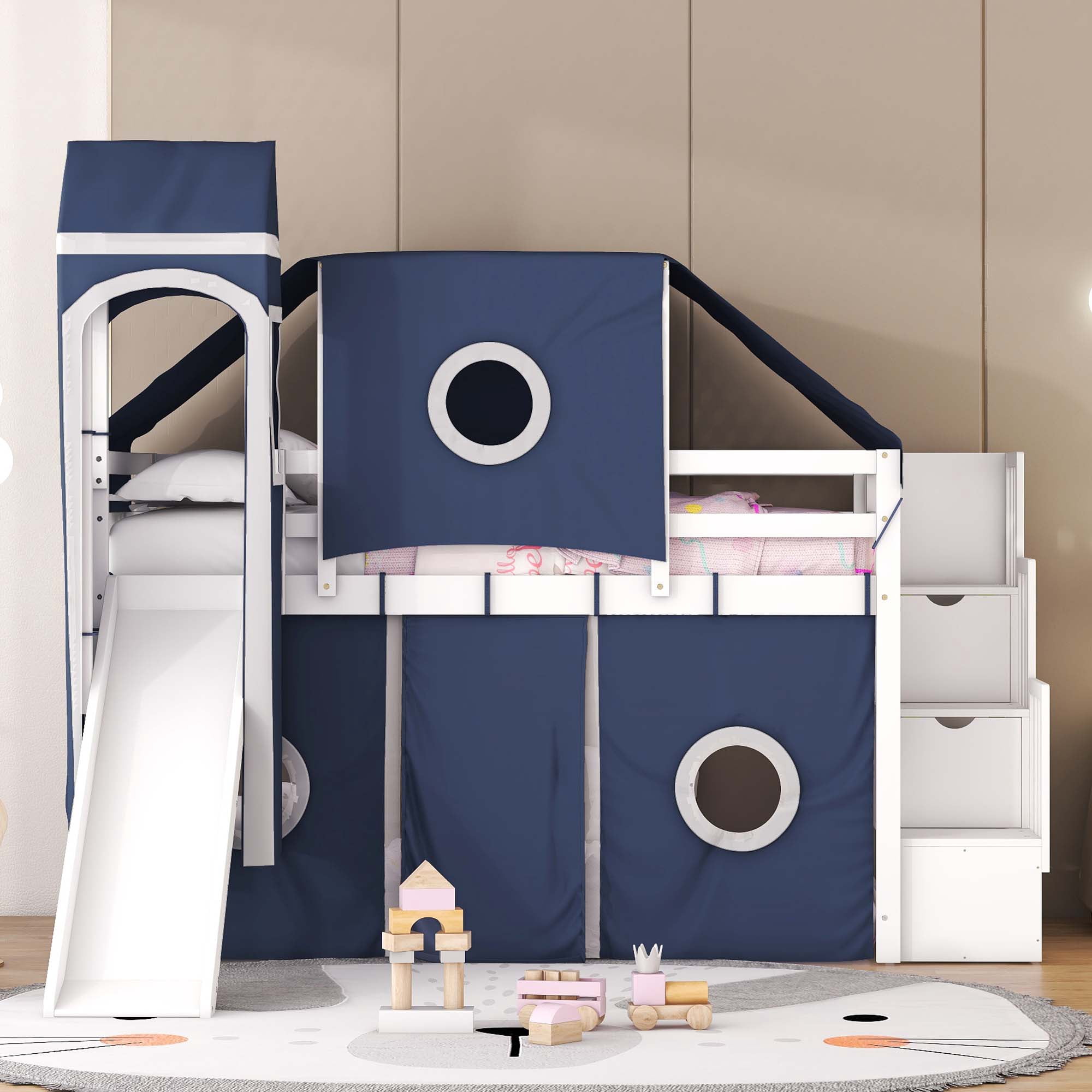 Aukfa Twin Loft Bed with Slide - House Loft Castle Bed with Stairway Tent Tower for Kids - Navy