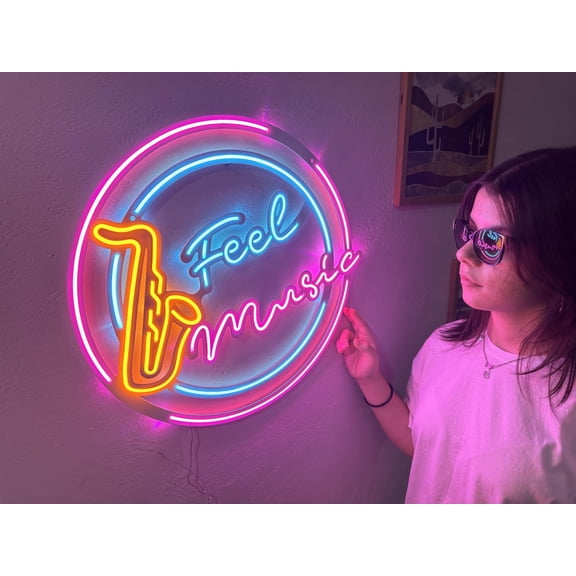 Feel Music Neon Metal Sign – Stunning LED Neon Wall Art with Metal Backing, Perfect for Music Studios, Bars, or Living Spaces. Vibrant Neon Light Sign for Music Lovers (Without Remote Control)