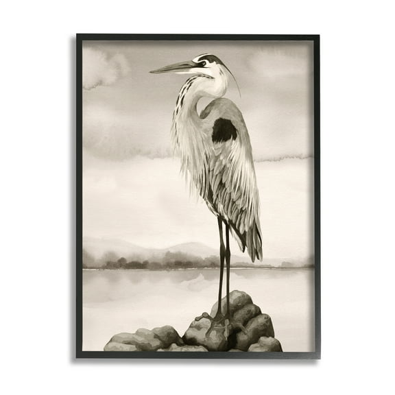 Stupell Industries Grey Heron Perched Animals & Insects Painting Black Framed Art Print Wall Art, 11 x 14