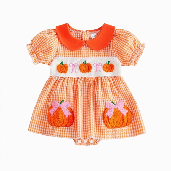 KPOPLK Baby Girl Thanksgiving Romper Dress 3 6 9 12 18 Months Turkey Embroidery Collar One-piece Fall Halloween Outfit Size 0-3 Months,Orange