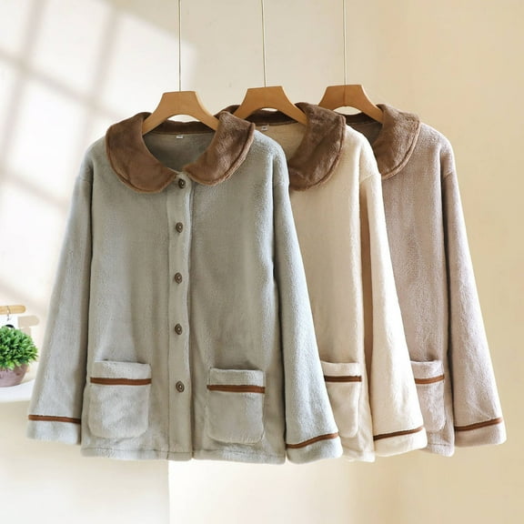 QLEICOM Bed Jackets for Women,Thermal Long Sleeve Women,Women Fluffy Pajama Tops Plush Button Down Sleepwear Fuzzy Fleece Jacket Long Sleeve Warm Winter Coat with Pockets