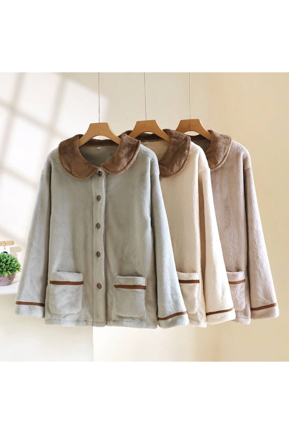 Bed Jackets for Women,Thermal Long Sleeve Women,Women Fluffy Pajama Tops Plush Button Down Sleepwear Fuzzy Fleece Jacket Long Sleeve Warm Winter Coat with Pockets