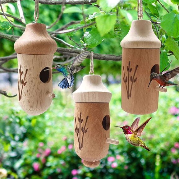 3Pcs Wooden Hummingbird House for Outdoor Hanging,Natural Wooden Hummingbird Nest with Hemp Ropes for Garden Home Decoration,Housewarming Gifts