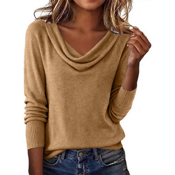 KDDYLITQ Womens Sweaters Long Sleeve Cowl Neck Loose Fit Knit Lightweight Sweaters Casual Cozy Cute 2026 Pullover Tops Camel M