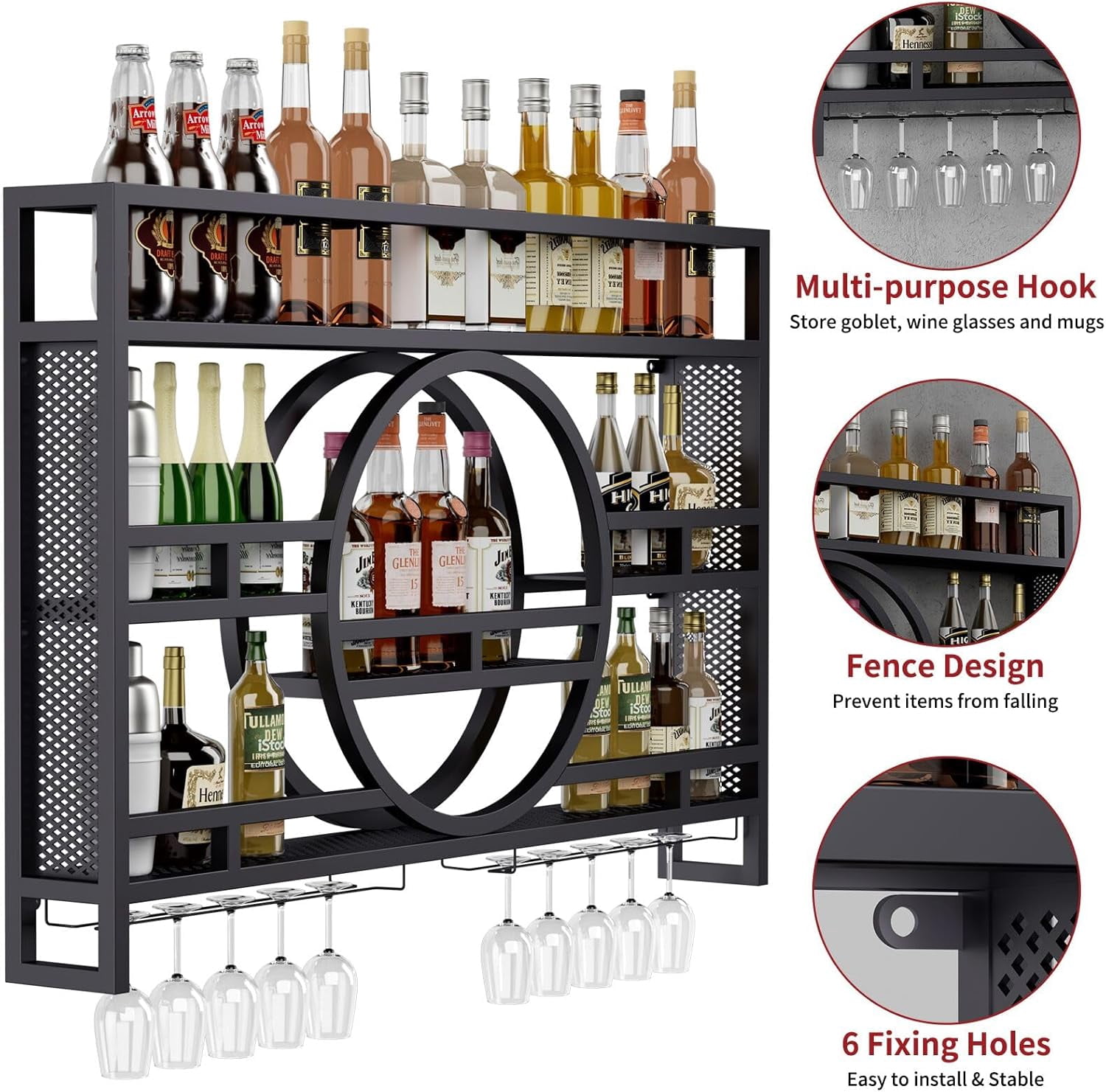3-Tiers 39in Wine Rack Wall Mounted, Metal Floating Bar Shelves with Wine Glass Holder Hanging Industrial Liquor Shelf for Home Bar Kitchen, No Assembly Required