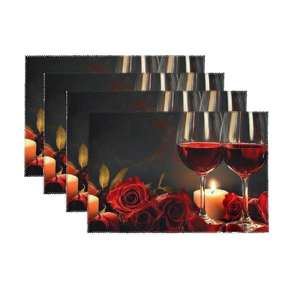Fenyluxe Red Wine Rose Candle Placemats Set of 4 Red and Black Romantic Burgundy Washable Blossom Floral Placemat Kitchen Dining Heat-Resistant Place Mats Desktop Decor Table Mats 11.8*17.7in