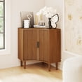 thumbnail image 6 of Modern Mid Century Corner Storage Cabinet, Fluted Corner Floor Cabinet with Sliding Doors and Adjustable Shelf, Freestanding Small Organizer for Living Dining Room, Walnut, 6 of 8