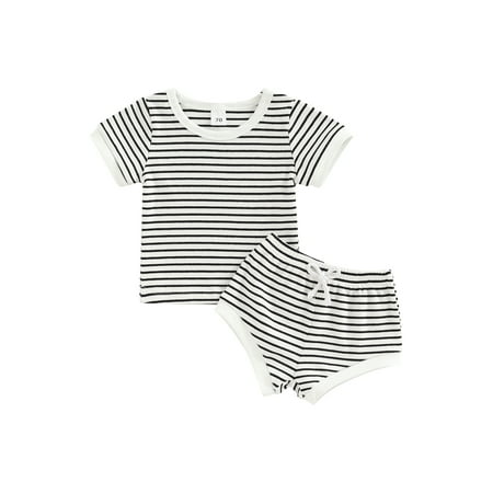

TheFound Newborn Baby Girl Clothes Cute Striped Short Sleeve Ribbed T Shirt Top Elastic Waist Shorts 2PCS Outfits