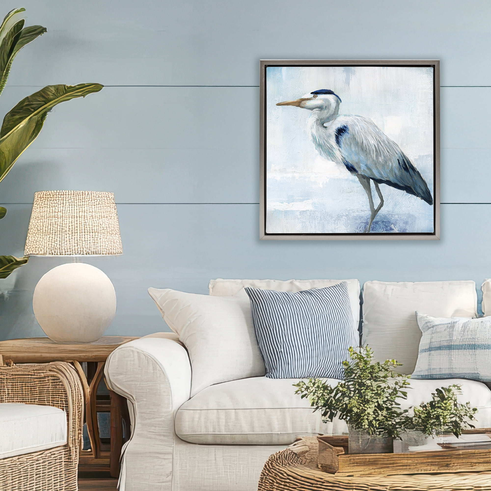 Stupell Industries Faded Blue Heron Gray Framed Floater Canvas Wall Art, design by Nan