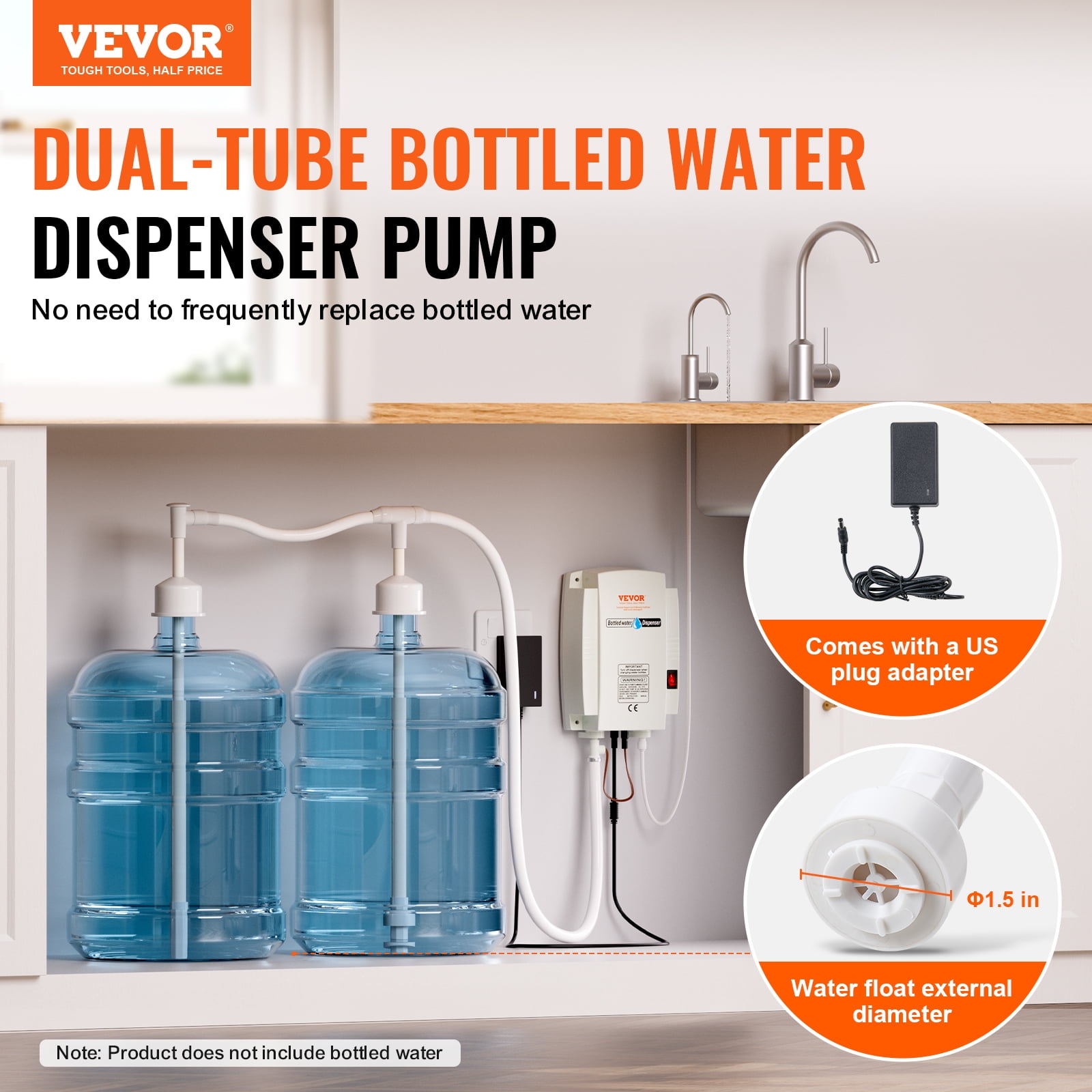VEVOR Bottled Water Dispenser Pump System, 2x5 Gallon Dispensing System, Automatic Electric Water Dispenser, Double-Pipe Water Jug Pump,Compatible Use with Coffee/Tea Machine,Refrigerator,Ice Maker