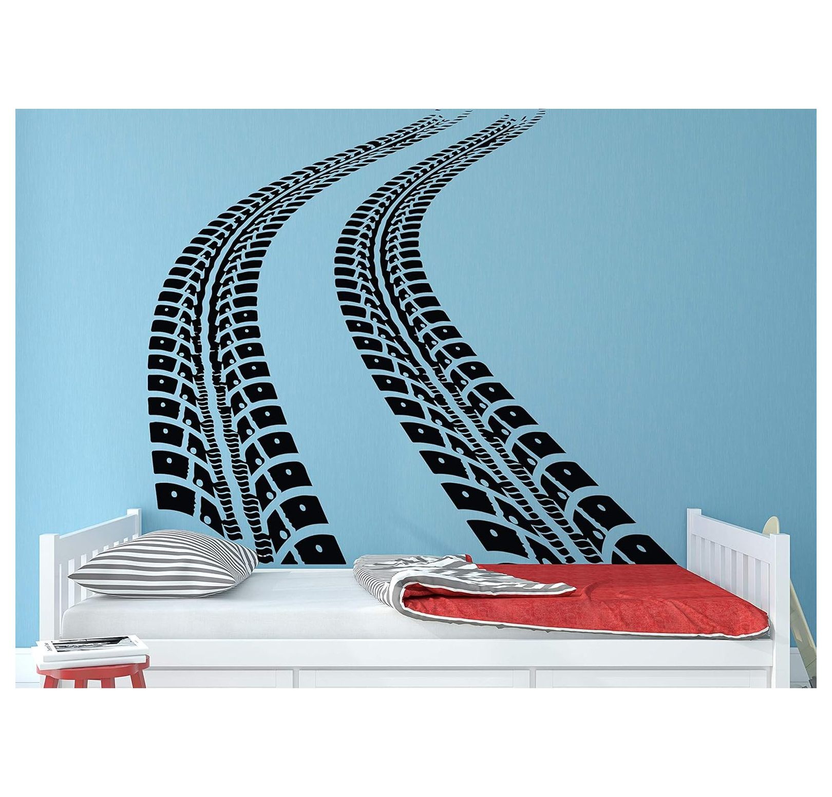 Decalzone Tire Tracks Wall Decal Tire Tread Decor Automotive Art Mural Boys Room Wall Sticker (46 inchesW x 36 inchesH), Black