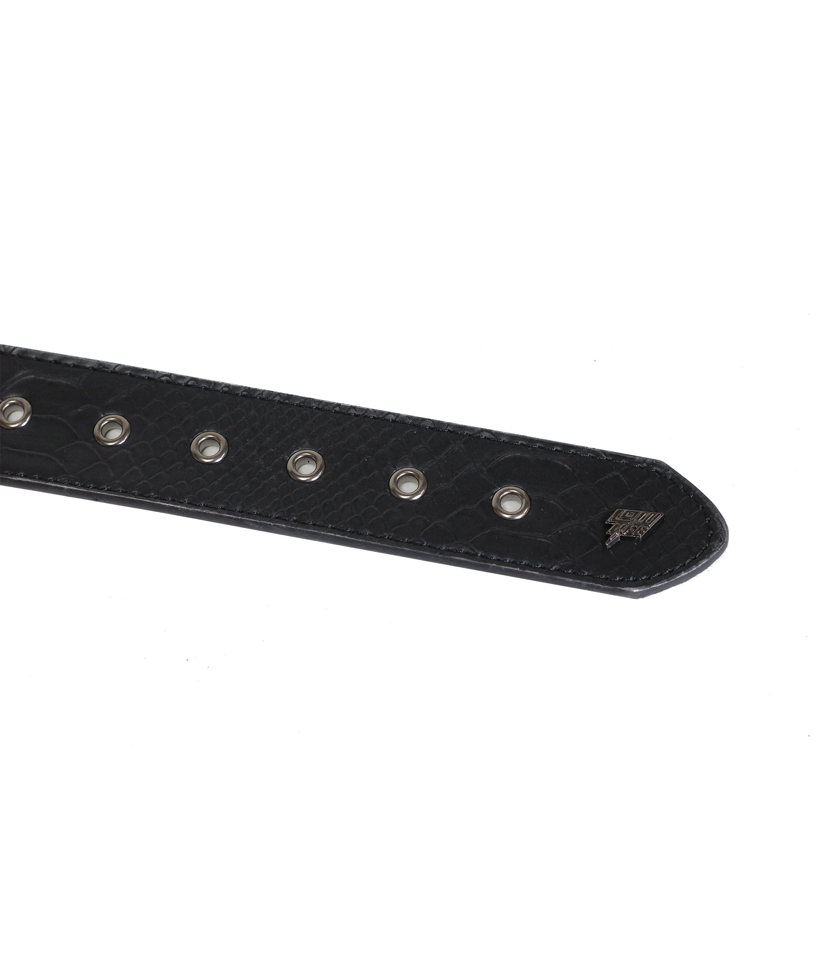 Edgy Black Leather Feel Studded Belt w/ Snakeskin & Mixed Metal Logo Buckle 42\