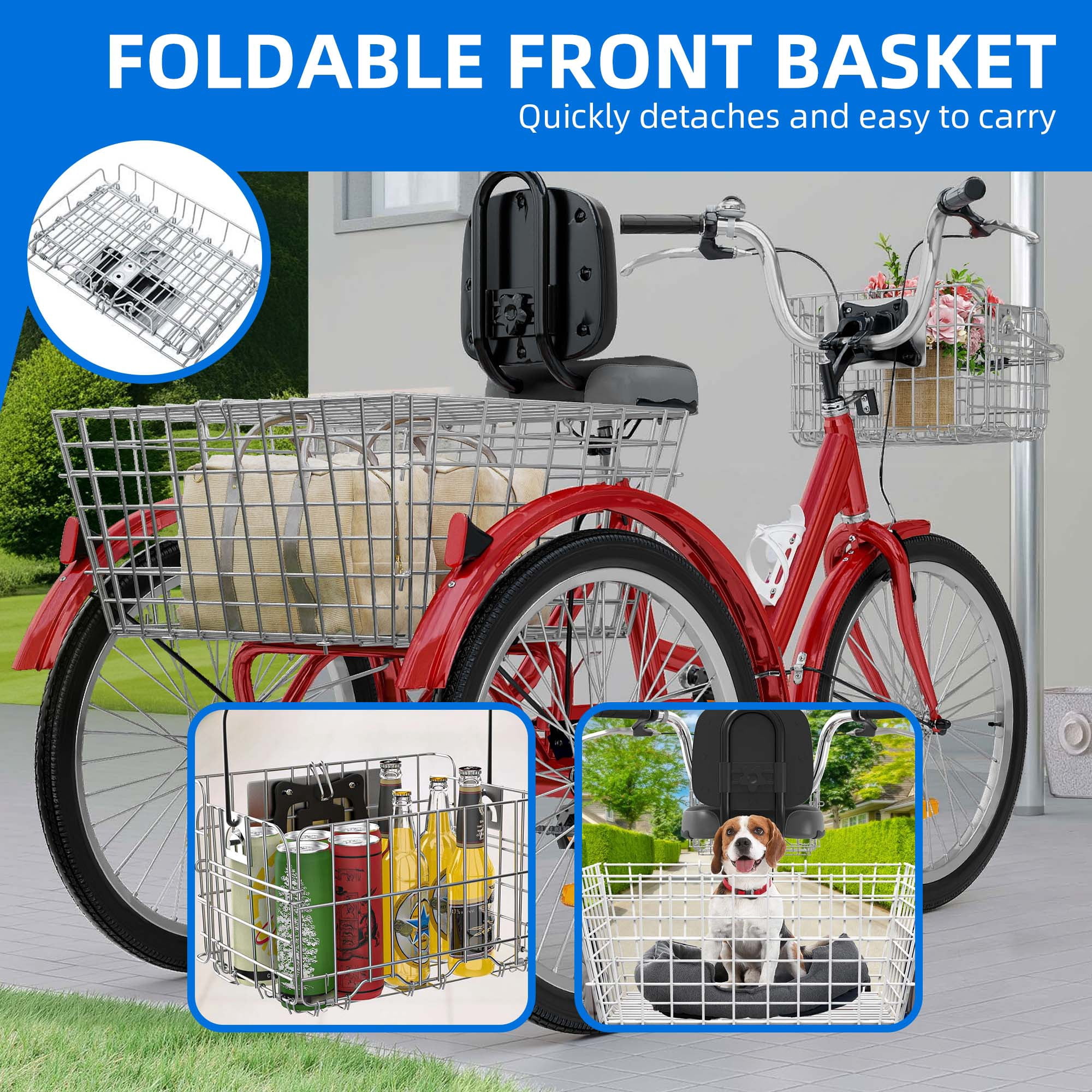 Uforic Adult Tricycle 24 Inch Single Speed Cruiser Trike with Seat Backrest