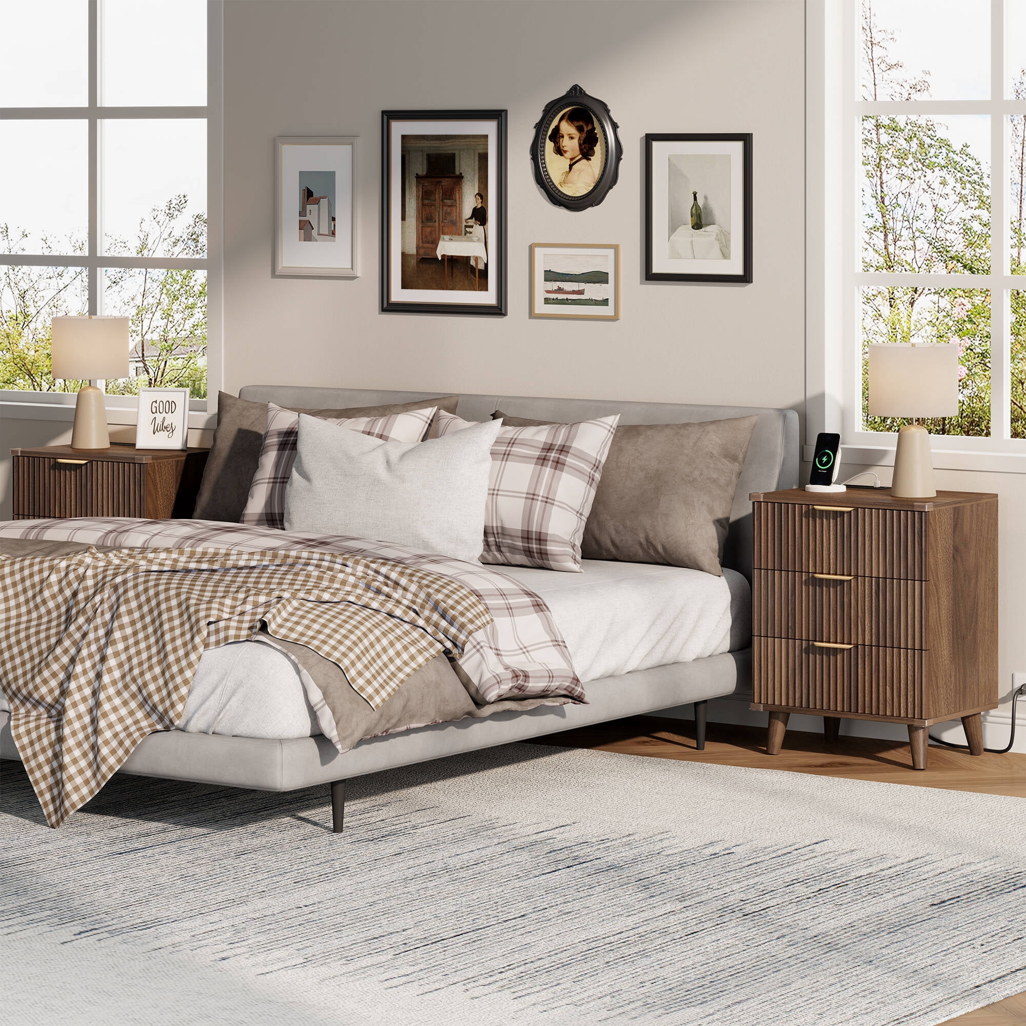GIKPAL Night Stands for Bedroom Set of 2, Modern Bedside Table with 3 Drawers & Charging Station,Fluted Panel End Tables for Bedroom & Living Room, Walnut