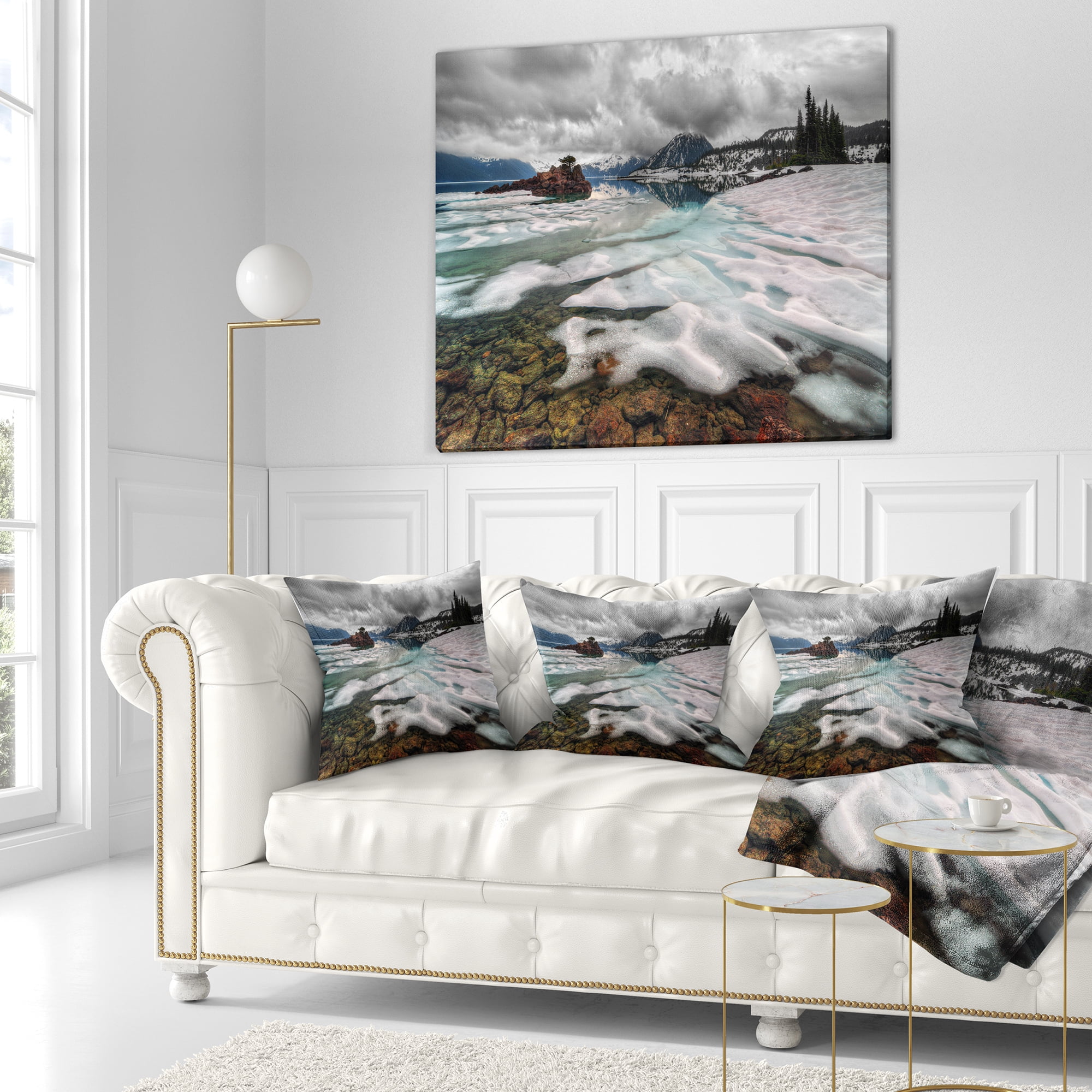 Designart Frozen Mountain Lake Shore - Landscape Printed Throw Pillow - 18x18