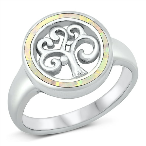 CHOOSE YOUR COLOR White Simulated Opal Round Tree of Life Ring .925 Sterling Silver Band CZ Female Size 6