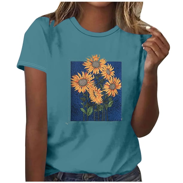 Tops Cortos para las Mujeres Blusas Impresas Manga Corta Cuello Redondo, Tops de Blusa para las Mujeres Primavera Verano Casual