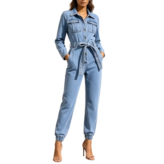 Women's Washed Denim Jumpsuit Long Sleeved Collared High Waisted Drawstring Waist Tapered Leg Jumpsuit with Pockets Vintage Buttons Jumpsuits