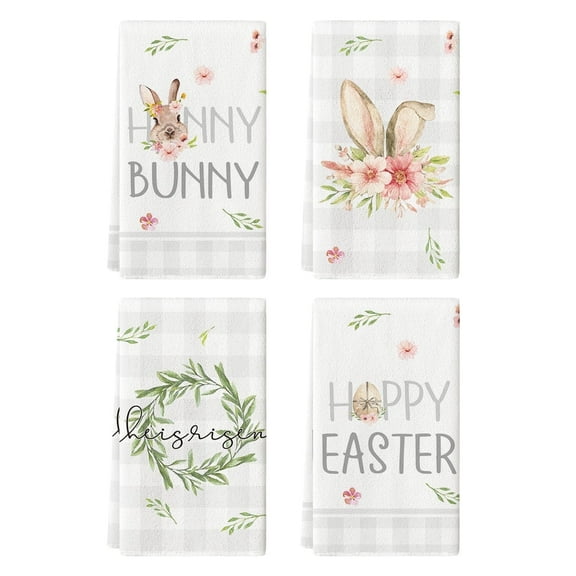Sm:)e Buffalo Plaid Bunny He is Risen Easter Kitchen Dish Towels, 18x26 Inch Set of 4