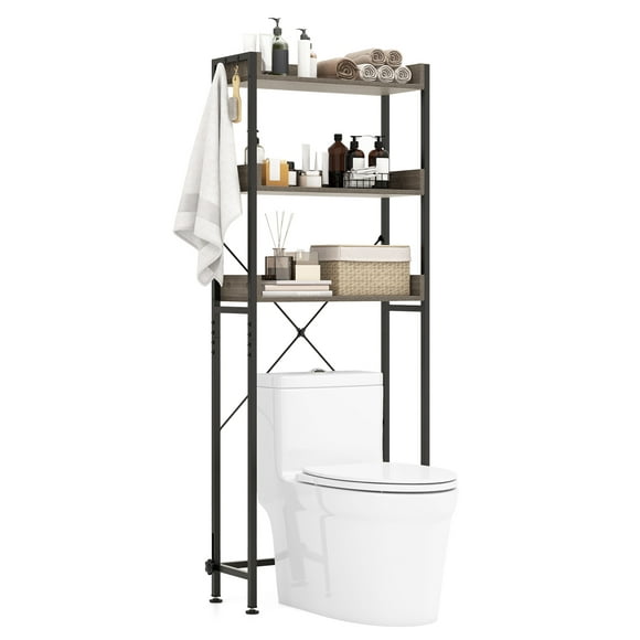 Topbuy Over The Toilet Storage 3-Tier Bathroom Space Saver Organizer with Adjustable Bottom Bar to Fit Most Toilets Grey + Black