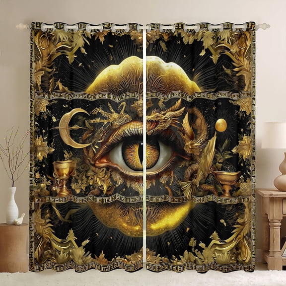 Homewish Vintage Magic Dragon Kitchen Curtains,Hippie Evil Eye Black Out Curtains Pack of 2 (42x63 Each),Black Gold