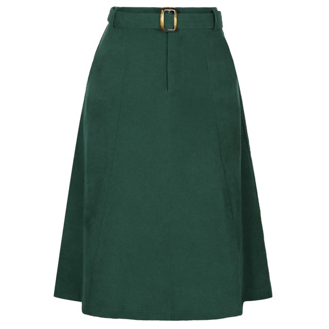 Falda A-Line de Cintura Alta Elástica para Mujeres INSPIRE CHIC, con Cinturón, Midi de Pana para Otoño e Invierno, S Verde Oscuro