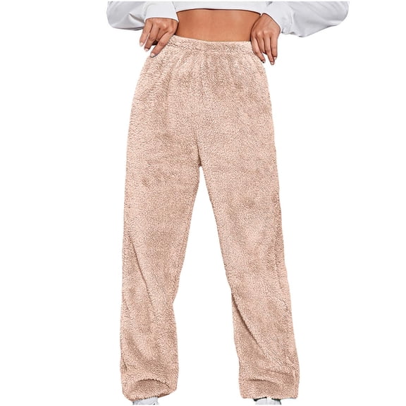 Womens Fluffy Teddy Plush Sweatpants Fuzzy Warm Wide Leg Lightweight Cinch Bottom Baggy Pajama Pants Sleepwear