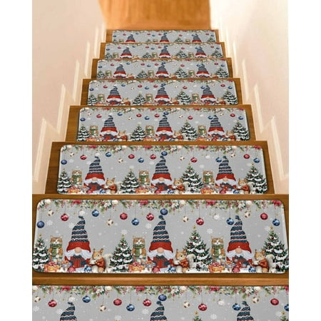 Grey Christmas Stair Treads for Wooden Steps Indoor Runner Rug Carpet Winter Gnomes Poinsettia Pine Tree Animals 7 Pieces Peel and Stick Staircase Step Treads Covers Washable Throw Door Mats 30 x8