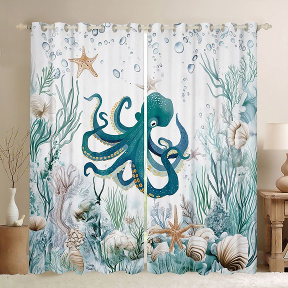 Manfei Watercolor Octopus Underwater Coral Seashell Black Out Curtains for Kids Boys and Girls, Nautical Marine Life Print Curtains Pack of 2 (42x63 Each)