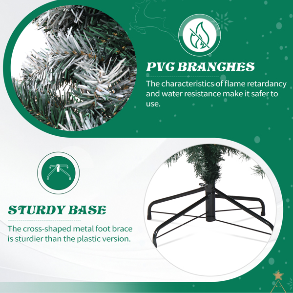 7.5FT Snow-Tipped Pre-Lit Christmas Tree - 1223 PVC Branch Tips 350 Warm White LEDs Silver Ribbon Ornaments + Fence Tree Skirt Included