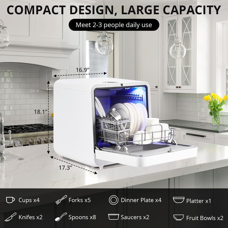 Towallmark 6 Washing Programs, Portable Countertop Dishwasher, Mini Dishwasher with 3 Spray Arms, 2 Water Inlet Methods, High Temperature Drying, Touch Control for Home Apartments RVs