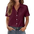 thumbnail image 7 of Women Button Down Shirts Lapel Short Sleeve Shirt Collared Work Tops Business Casual Dressy Summer Spring Clothes with Chest Pocket, Wine XXL, 7 of 7