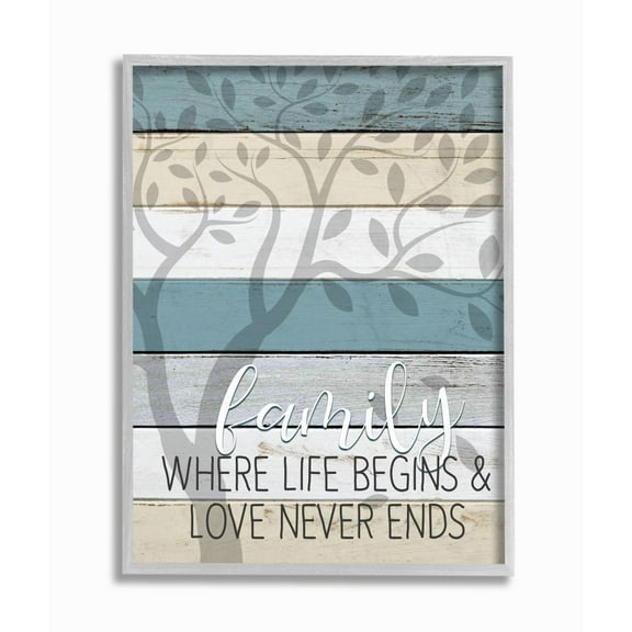 Stupell Industries Family Begin and End Quote Tree Wood Grain Blue Tan Phrase Framed Wall Art Design by Kim Allen, 16" x 20", Gray Framed