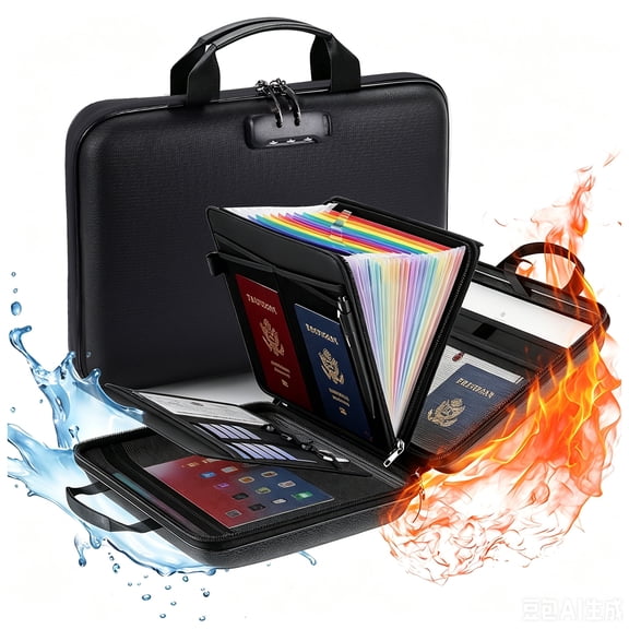 Vorfor Fireproof File Organizer with Lock, Hard-Shell Case Fireproof Document Box with 13 Pockets Accordion File Folder, Portable Office Safe Storage