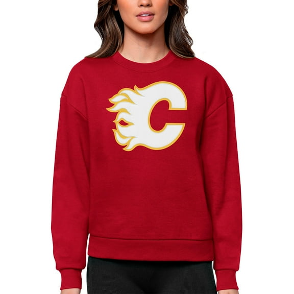 Women's Antigua Red Calgary Flames Primary Logo Team Logo Victory Crewneck Pullover Sweatshirt