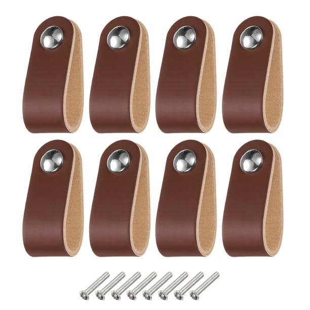 Uxcell 8 Packs Tiradores de Cajón de Cuero con Tornillos para Cajones, Marrón/Plata