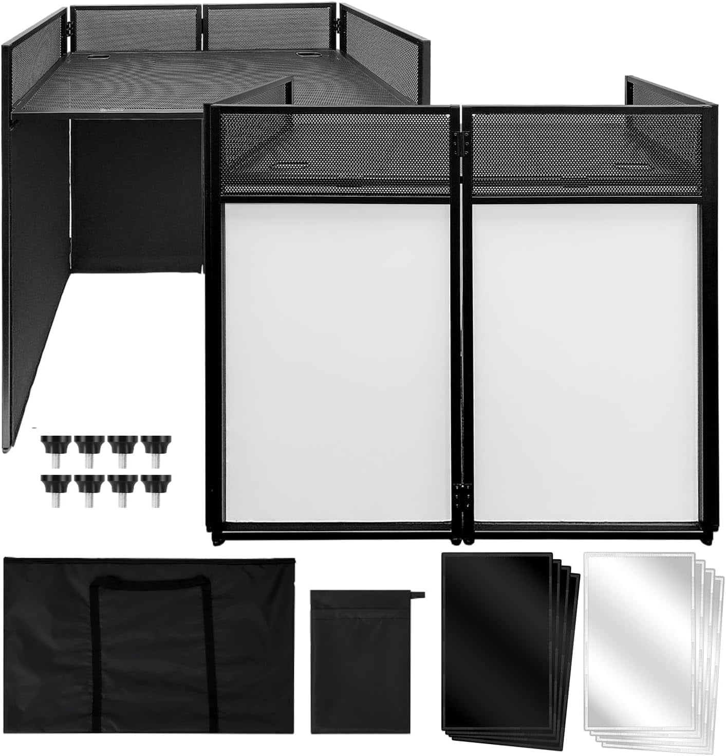 Ladcaser Portable DJ Facade Booth, 50 in L x 48 in H x 25 in W DJ Table Stand Booth with White & Black Scrim, Foldable DJ Table Station with Adjustable Feet for Party, Black Metal Frame