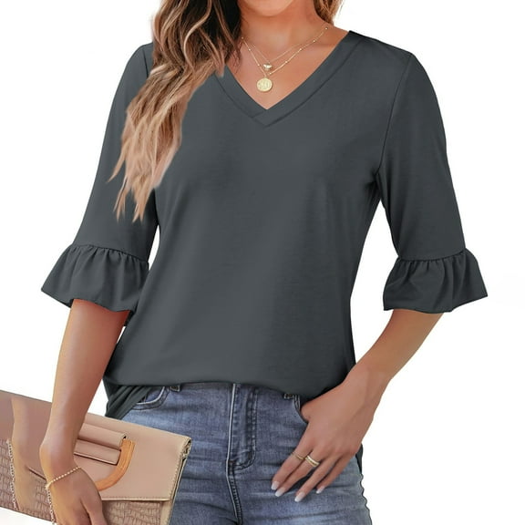 Viluyesy Women's 3/4 Sleeves T-Shirt V-Neck Shirt Tops Loose Blouse Dark Gray Size XL